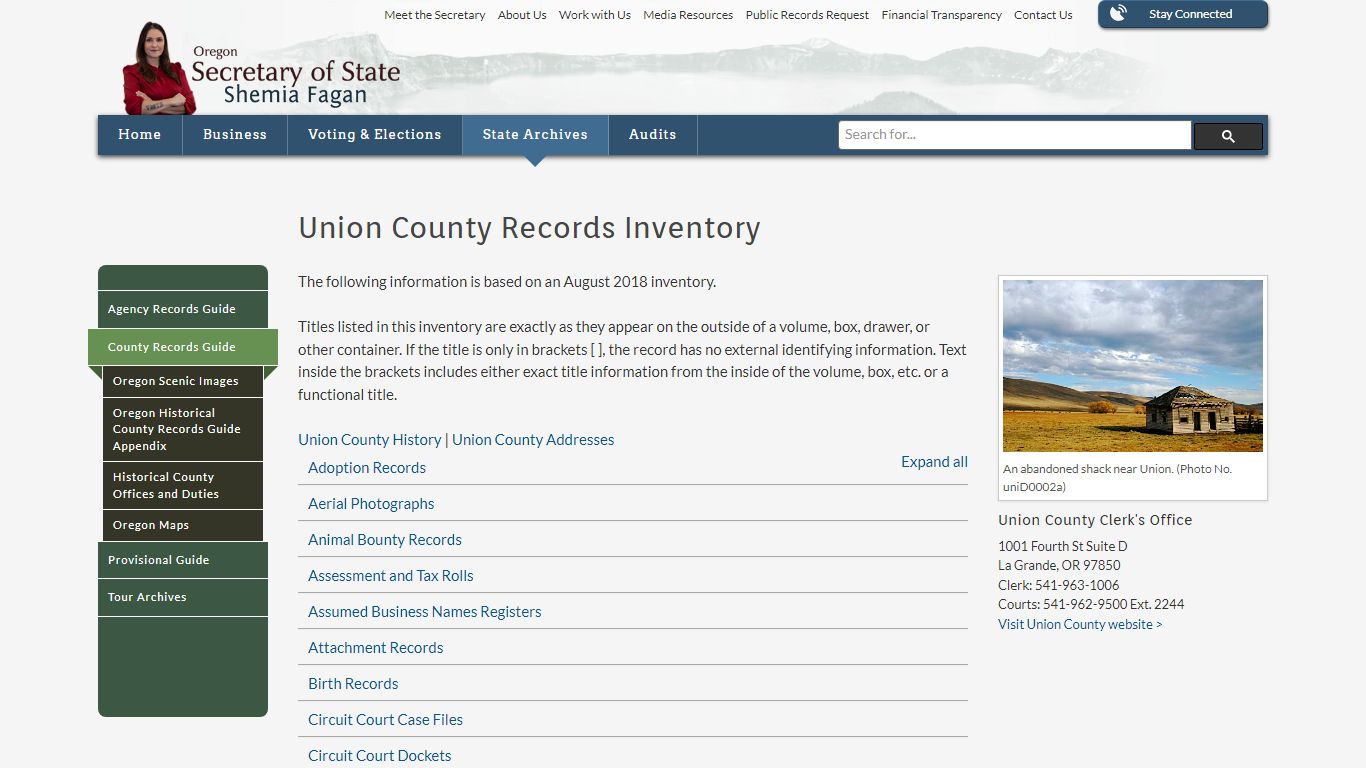 State of Oregon: County Records Guide - Union County Records Inventory